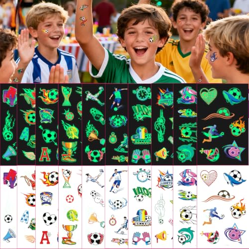 Glow-in-the-Dark Soccer Temporary Tattoos, 10 Sheets Waterproof