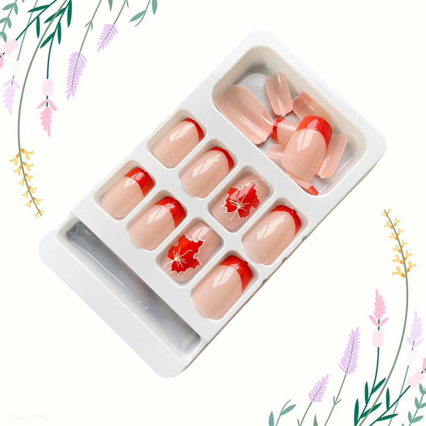 24PCS Fall Maple Leaf Press on Nails Thanksgiving Fake Nails French Tip Glue on Nails Short Square False Nails Full Cover Orange Maple Leaves Stick on Nails Glossy Artificial Nails for Women Girls