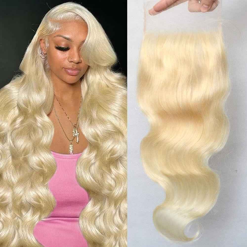 QTHAIR 16A Blonde #613 Body Wave 4X4 HD Lace Closure Transparent Lace Frontal Closure 20 inch Closure for Brazilian Body Wave Bundles Human Hair Invisible Knots Melt to Skin