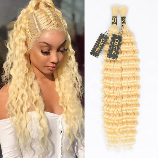 QTHAIR 22 Inch #613 Honey Blonde Deep Wave Human Hair Bulk Hair For Braiding 14A Grade 100% Unprocessed Brazilian Virgin Hair 100g Deep Wave Human Hair Bulk Hair