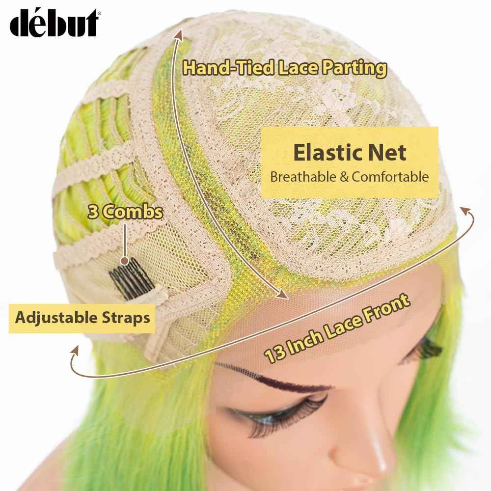 DÉBUT Lace Front Bob Wigs Ombre Neon Green Side Part Lace with Hand-Tied Lace Front Short Bob Synthetic Wig for Women Lemon Green Color
