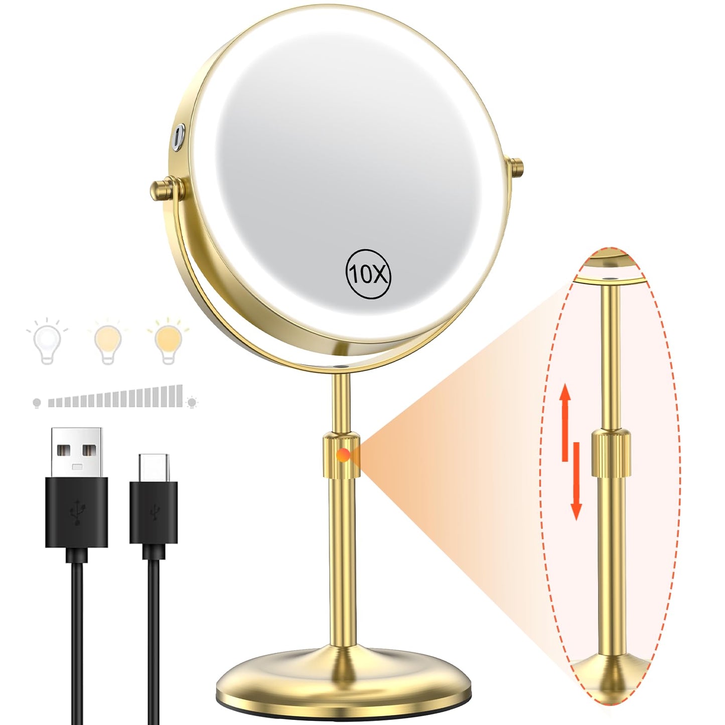 Benbilry Lighted Makeup Mirror with 3 Color Lights & 10X Magnification, Adjustable Brightness & Height, 7 Inch 360° Swivel Rechargeable LED Vanity Mirror, 10X Magnifying Mirror with Light, Gold