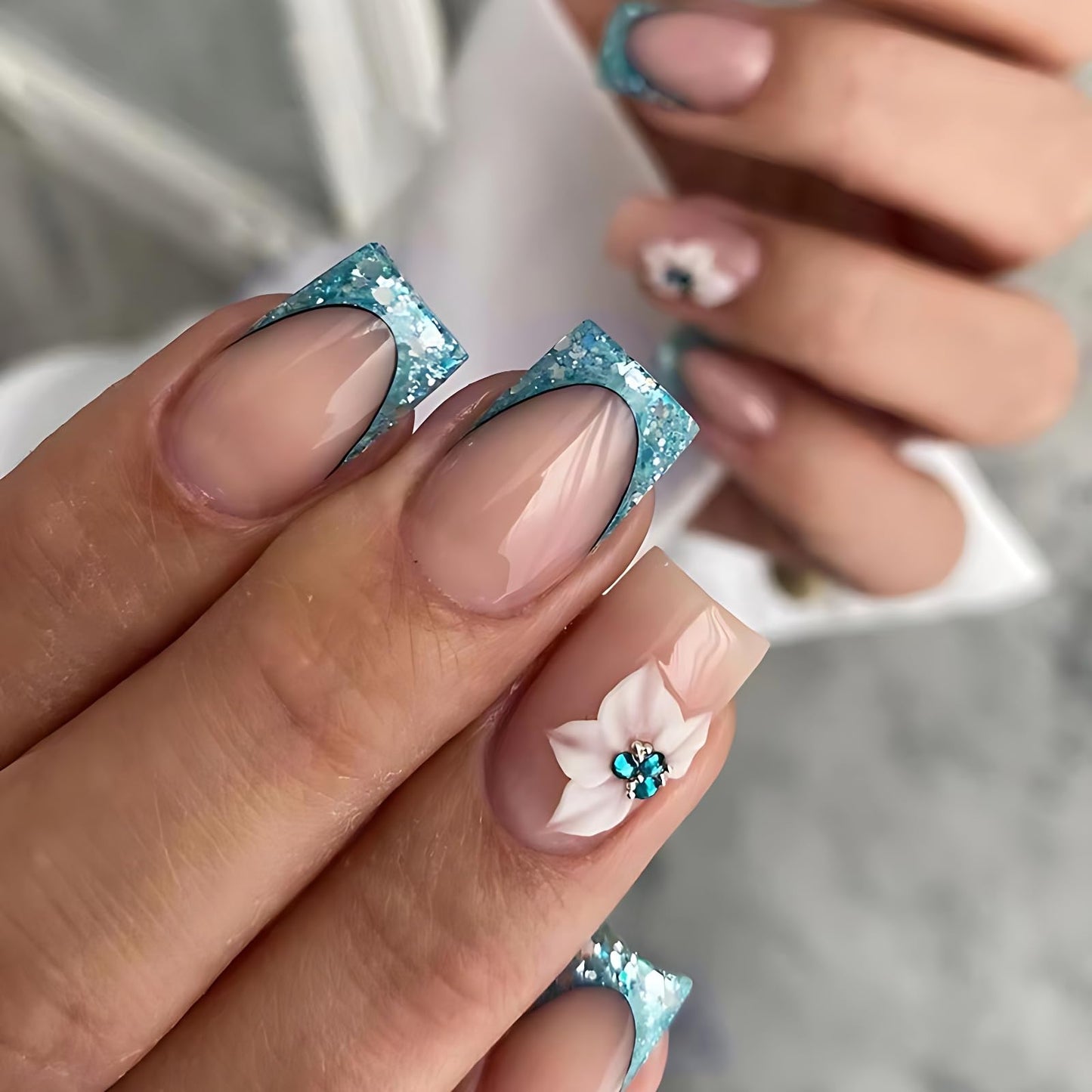 Nude Short Fake Nails Square Press on Nails with French Tip Blue Glitter Designs 3D Flower Glue on Nails Short Acrylic Press on Nails for Women Girls 24Pcs (Spring Summer)