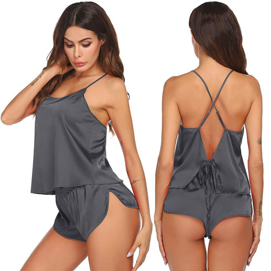 Ekouaer Silk Pajamas Set for Women Satin Backless Lingerie Pjs Cami Top and Shorts Nightwear Grey