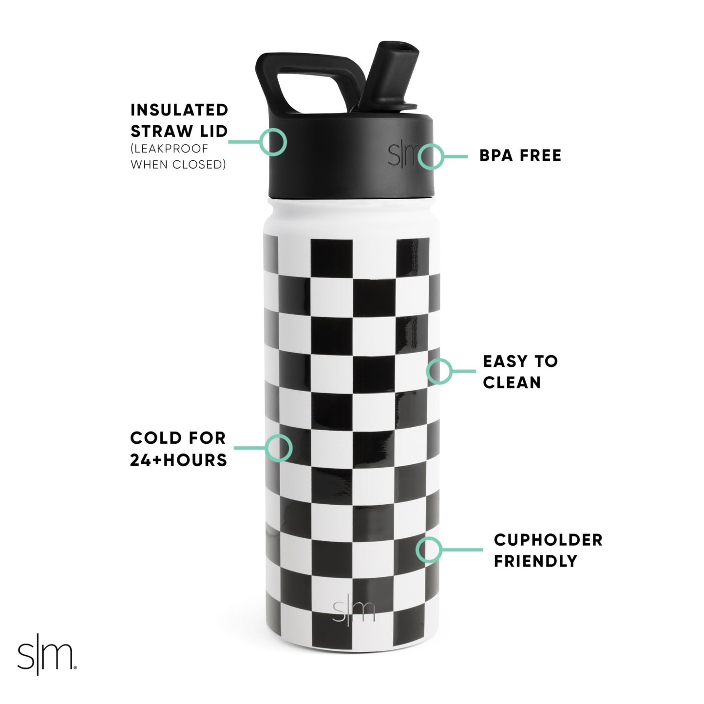 Simple Modern Kids Water Bottle with Straw Lid Vacuum Insulated Stainless Steel Metal Thermos | Reusable Leak Proof BPA-Free Flask for School | Summit Collection | 18oz, Black and White Checkmate