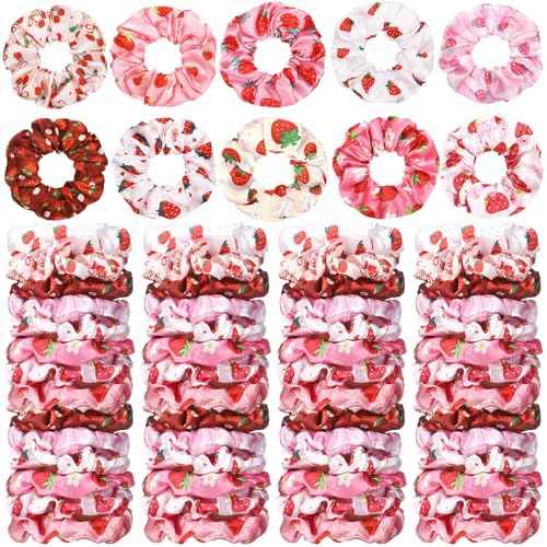 80 Pcs Summer Strawberry Satin Hair Scrunchies for Women Fruit Party Favors Silk Hair Ties Elastic Bands Ropes Ponytail Holders Ties Accessories Summer Wedding Party