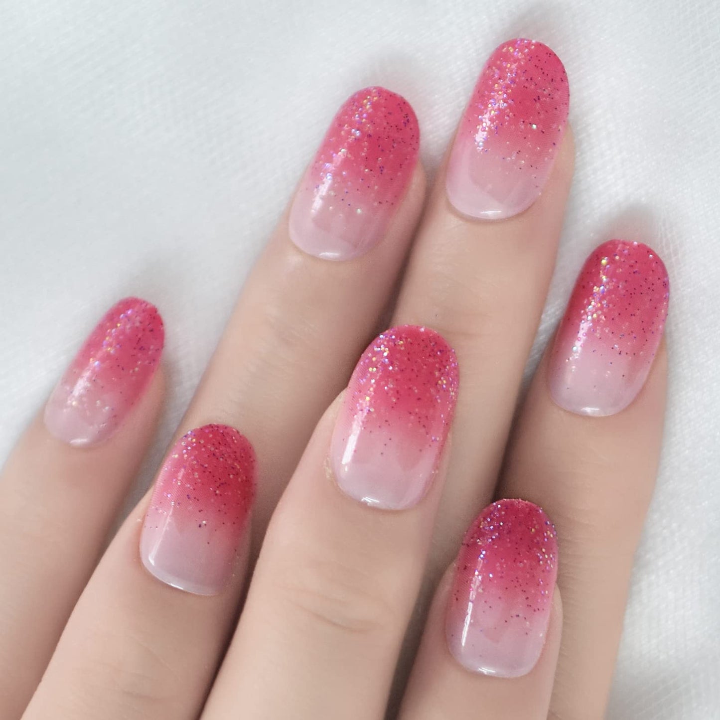 Pink Glitter Press On Nails Almond Gradient Fake Nails Fingernail Salon Manicure False Nails for Dating Wedding Gift for Women Girls 24pcs