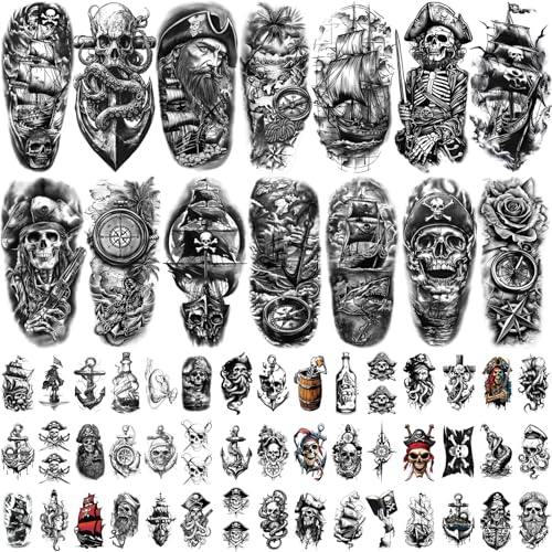 Pirate Temporary Tattoos, 77 Sheets Waterproof Fake Tattoos