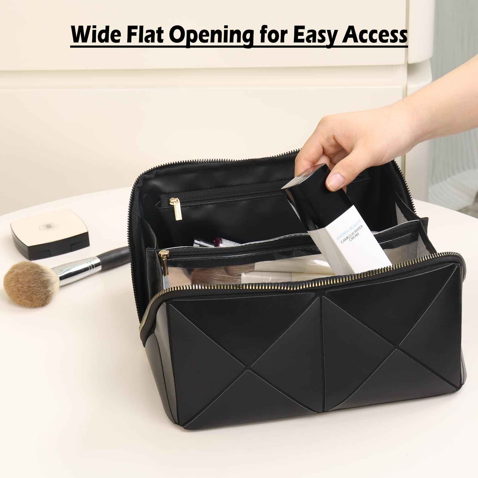 IMCUZUR Travel Makeup Bag Large Cosmetic Bag for Women, Open Flat Make up Bag Portable Skincare Bag with Handle (Black)