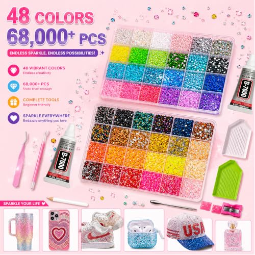 68000Pcs Rhinestones 48 Colors Bedazzling Kit with Glue & Tools