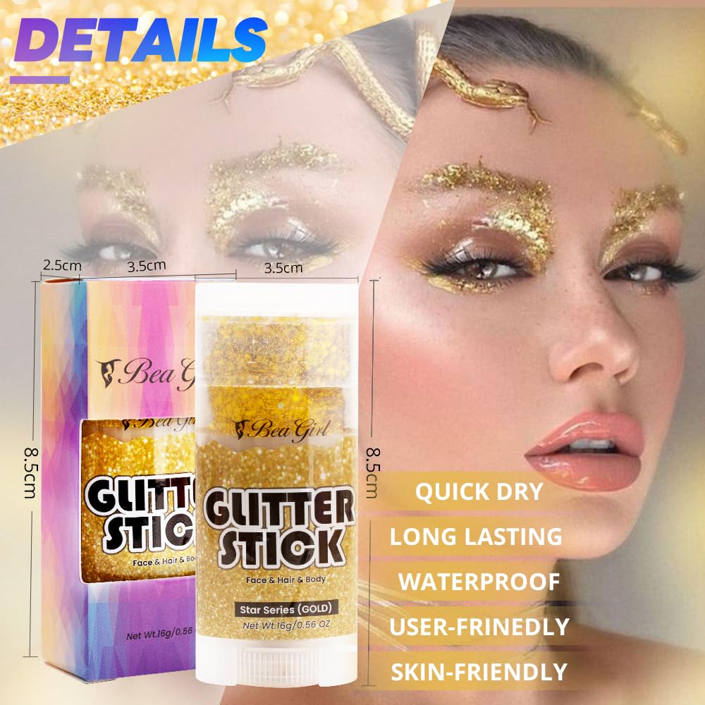 Beagirl Golden Body Glitter Stick, Chunky Glitter Gel, Pride Face Paint Rainbow Cosmetic Glitter for Women Kids,Music Festival Essentials for Hair, Face, Clavicle, Arm, Nail, Eyeshadow