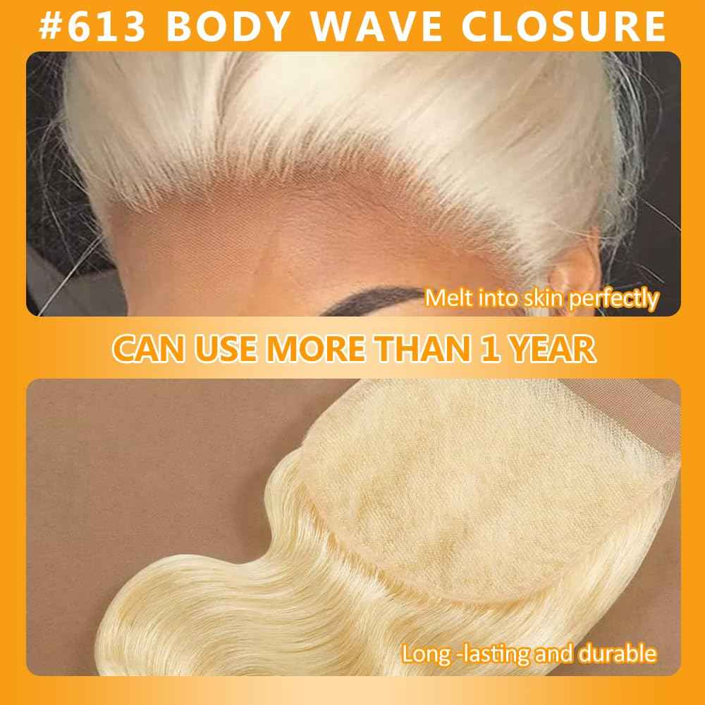 QTHAIR 16A Blonde #613 Body Wave 4X4 HD Lace Closure Transparent Lace Frontal Closure 20 inch Closure for Brazilian Body Wave Bundles Human Hair Invisible Knots Melt to Skin