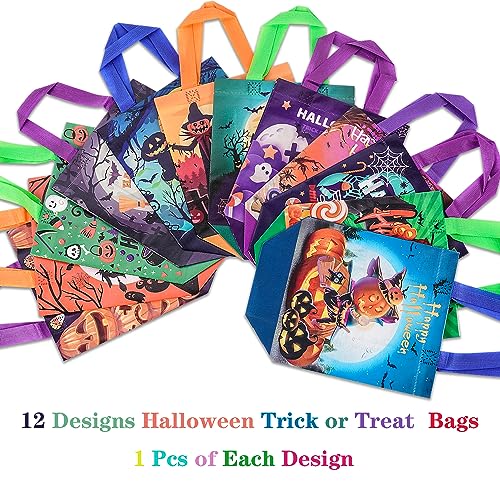 12PCS Halloween Trick or Treat Bags with Handles - Reusable Non-Woven Gift Bags for Kids & Parties