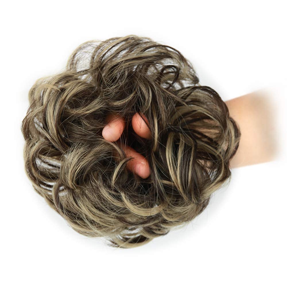 MORICA 1PCS Messy Hair Bun Hair Scrunchies Extension Curly Wavy Messy Synthetic Chignon for Women (Dark Brown & Ash Blonde)