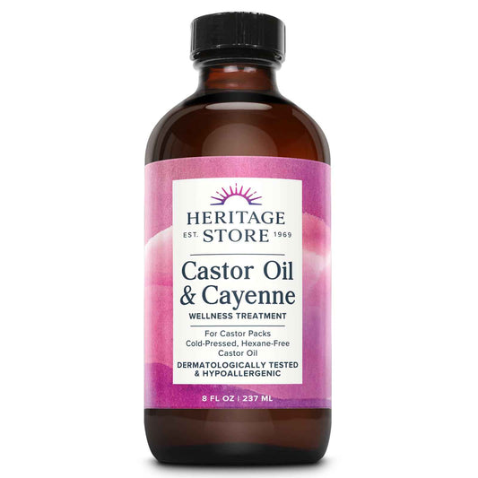 HERITAGE STORE Castor Oil & Cayenne - Cold Pressed Organic Castor Oil Pack Wrap - Heat Compress for Abdomen, Joints, Overall Wellness - with Cayenne Pepper - Hypoallergenic, Vegan, Cruelty Free, 8oz