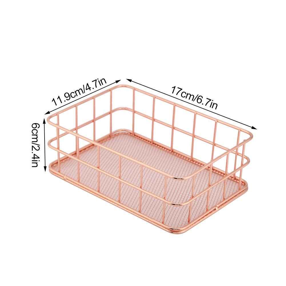 Fdit Makeup Storage Basket Organizer Rose Gold Iron Cosmetic Storage Holder Desktop Decor Household Woman Girl Lady(C)