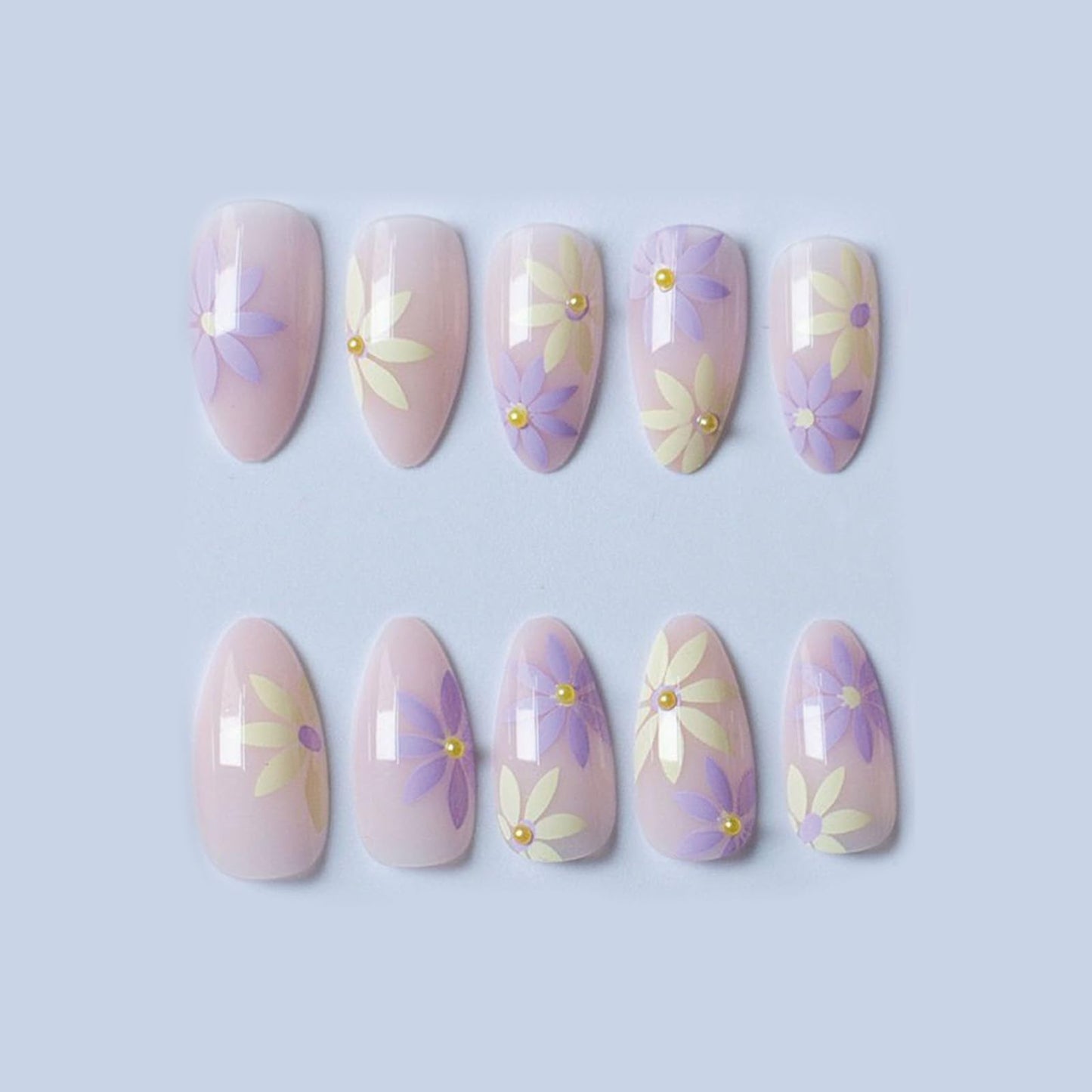 SINHOT Press on Nails Medium Almond Fake Nails Cute Flower Acrylic Nails Glossy Glue on Nails Gold Pearls Stiletto Artificial Nails Stick on False Nails with Design 24 pcs