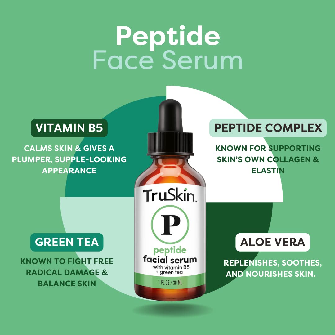 TruSkin Peptide Serum For Face – with Collagen Boosting Peptides, Amino Acids, Green Tea, Aloe and Vitamins B5 & E, 1 fl oz