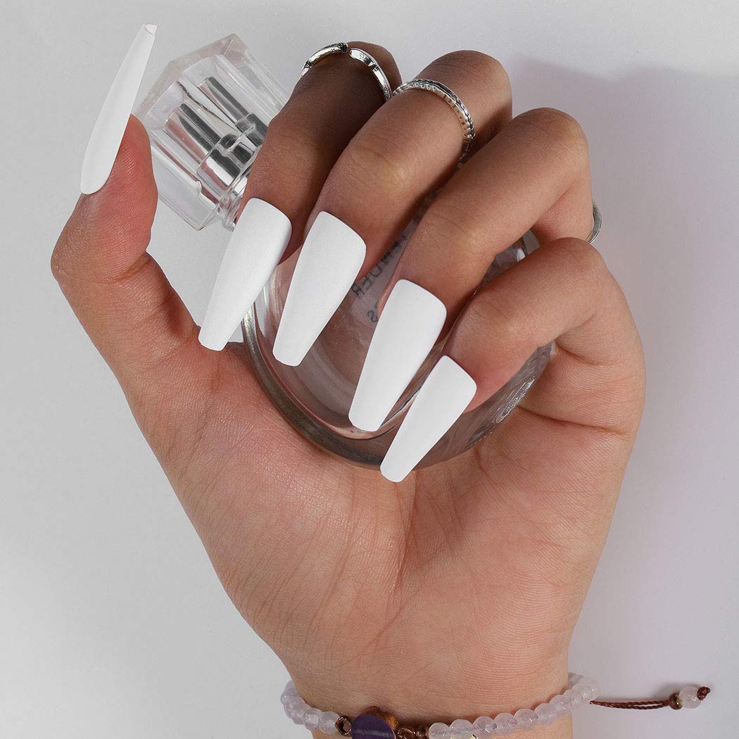 Gangel Pure White Matte False Nails Ballerina Fake Nail Artificial Full Cover Extra Long Fake Nails Coffin Acrylic Press on Nails for Women and Girls 24Pcs (WHITE)