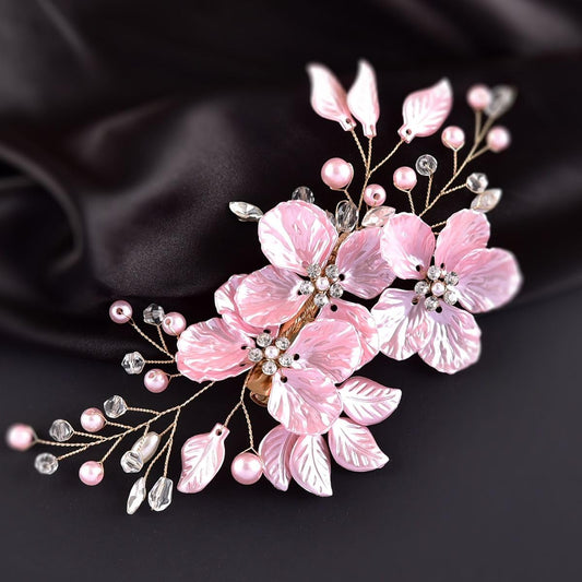 VMila Wedding Pearl Hair Comb Wedding Hair Comb Bridal Hair Accessories Pearl Flower Hair Accessories For Women Girls Wedding Hair Accessories (Gold Vine Pink Flower)