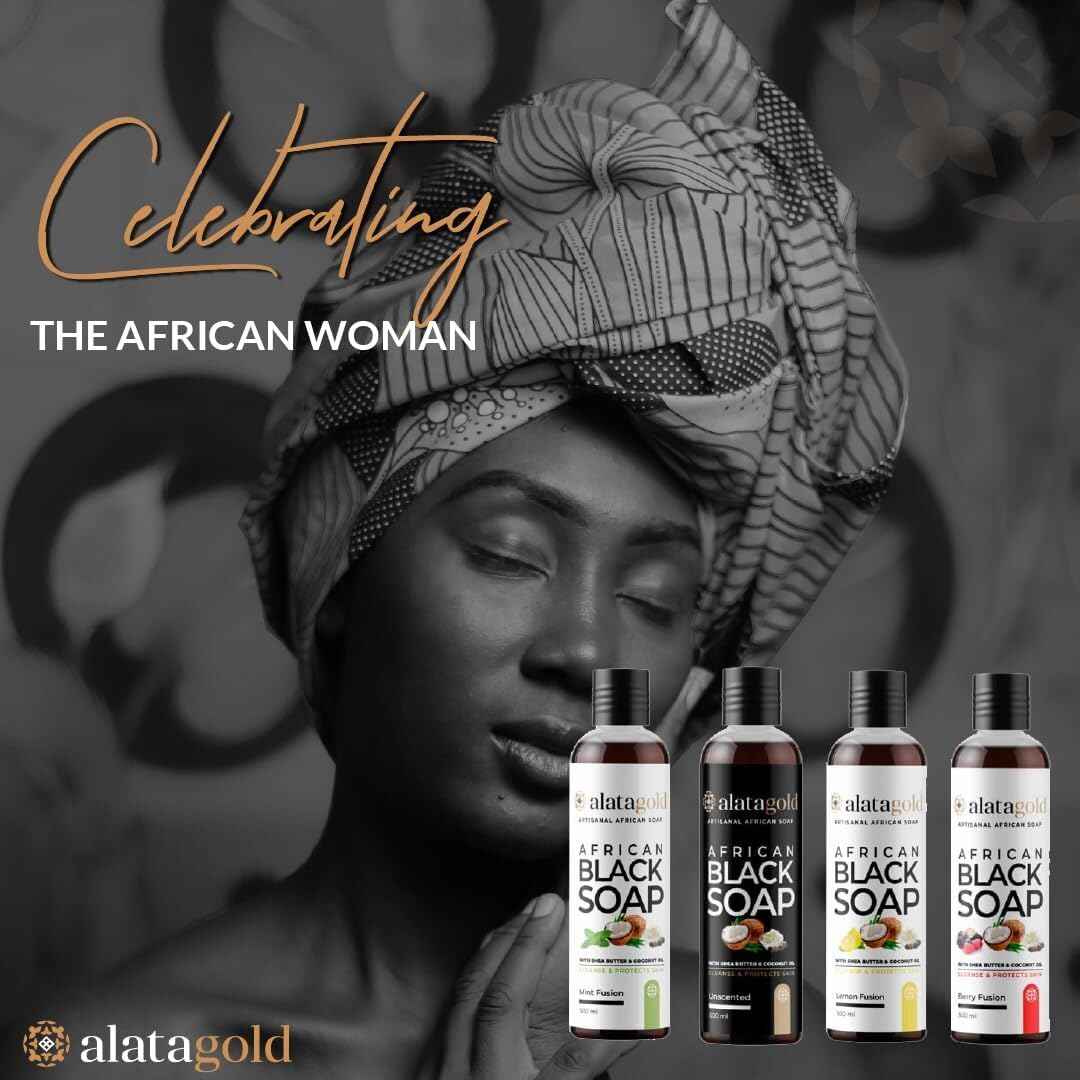 AlataGold African Black Soap Liquid Body Wash (Pack of 2) – Moisturizing Black African Soap with Shea Butter, Aloe, Honey & Coconut Oil – Deep Cleansing & Hydrating – 16.9 oz (Unscented)