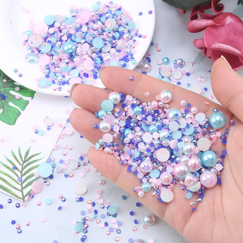 Flatback Pearls Rhinestones for Craft 30g 1400Pcs (2-10mm) Half Round Resin AB Color Rhinestones Pearls for Nail Art Face Body Tumblers-Pink,Blue