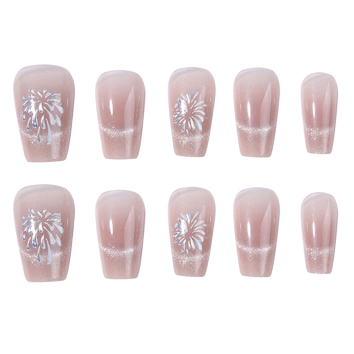 SINHOT Coffin Press on Nails Medium Ballerina Fake Nails Glossy Glue on Nails Pink Cat Eye Acrylic Nails Silver Glitter Arificial Nails Stick on False Nails with Fireworks Design 24 pcs