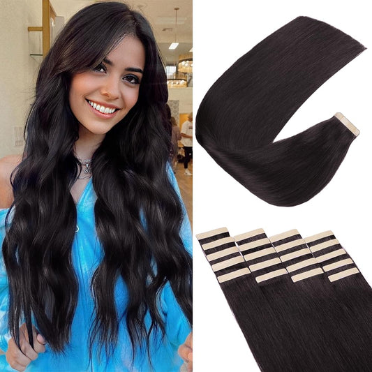 Tape in Hair Extensions Human Hair, 20pcs 14 Inch Natural Black Remy Hair Extensions Straight Human Hair Tape in Extensions Skin Weft Tape Extensions Human Hair (1B#,14 Inch)