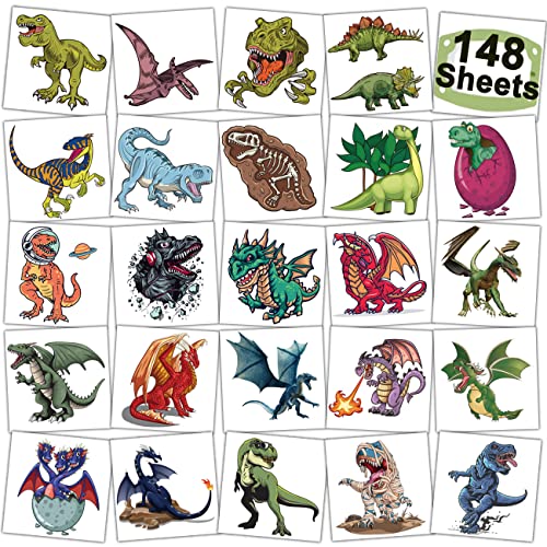CHARLENT 148 PCS Dinosaur Temporary Tattoos for Kids
