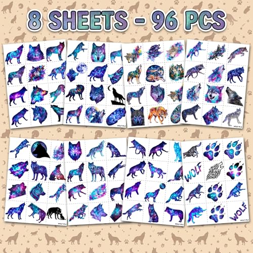 96 PCS Pre-Cut Wolf Temporary Tattoos for Kids