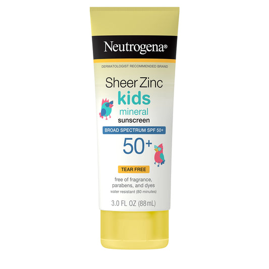 Neutrogena Kids Mineral Sunscreen Sheer Zinc Oxide Lotion, Broad Spectrum SPF 50 with UVA/UVB Protection, Water Resistant for 80 Minutes, Fragrance and Tear Free, 3 FL OZ