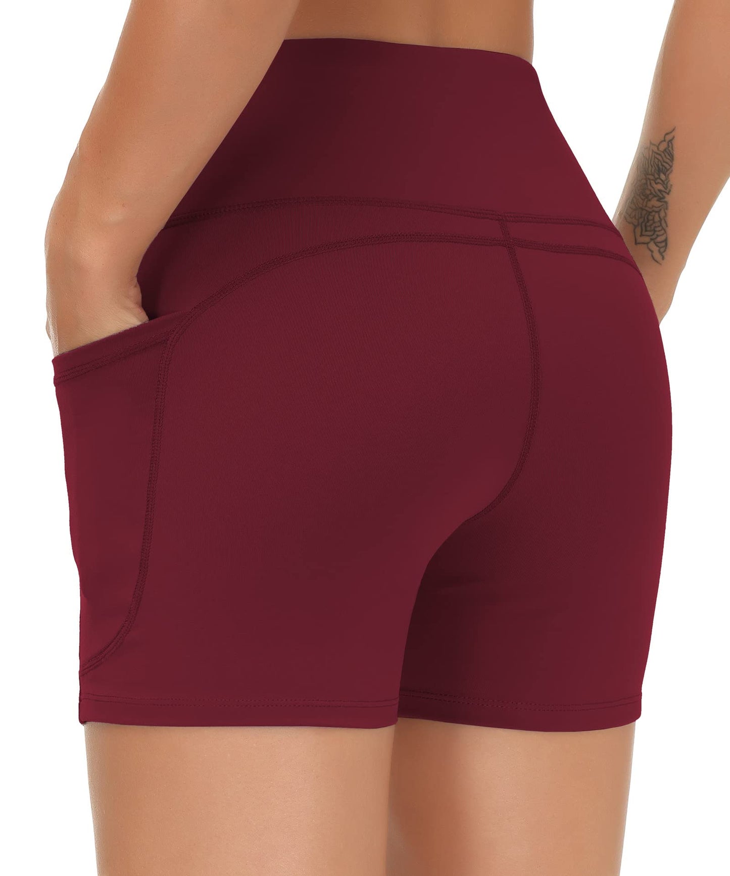 THE GYM PEOPLE High Waist Yoga Shorts for Women's Tummy Control Fitness Athletic Workout Running Shorts with Deep Pockets (Small, Wine Red)