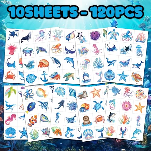 120 PCS Ocean Temporary Tattoos for Kids - Pre-Cut Sea Animal Stickers