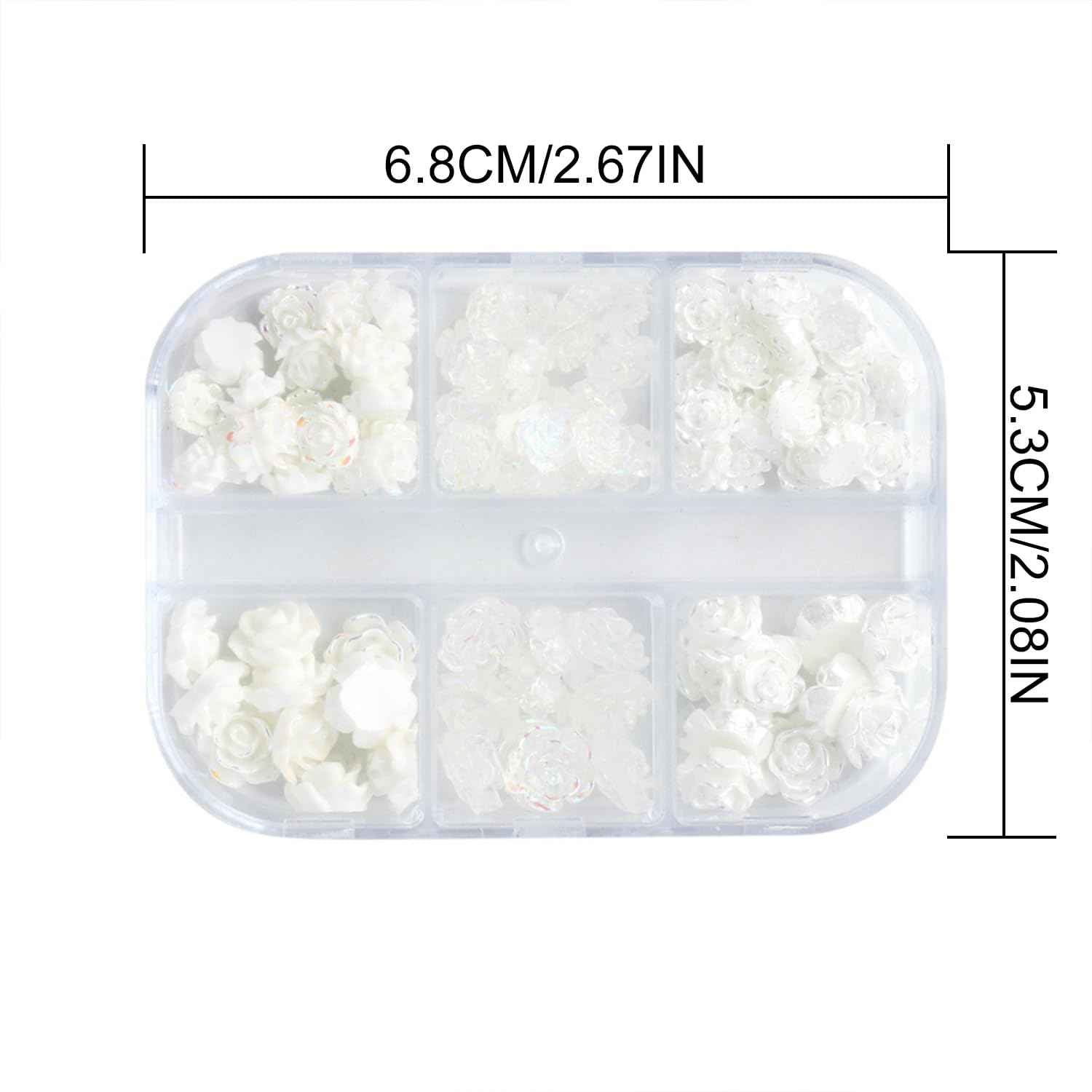 Tyuimhx Flowers Nail Charms 3D Resin White & Aurora Clear Rose Designs Nail Art Charms for Acrylic Nails Flatback Floral Nail Supplies for Women DIY Manicure Decorations Crafts (6 Grids)