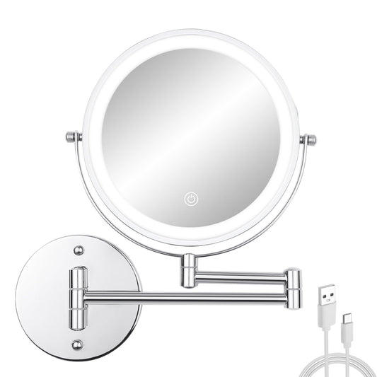 FFowcye Wall Mounted Makeup Vanity Mirror with Lights, 8” Double Sided 1X/10X Wall Mount Magnifying Bathroom Shaving Mirror with 3 Color Lights, Rechargeable Touch Dimmable Extendable Cosmetic Mirror