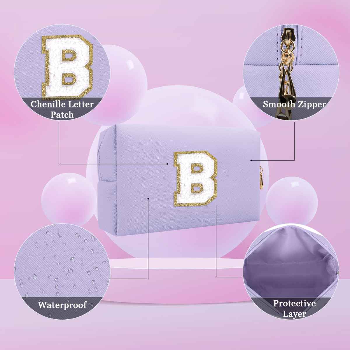 Small Personalized Letter Makeup Bag, Cute PU Leather Chenille Letters Cosmetic Bag Travel Makeup Pouch, Preppy Travel Organizer Zipper Pouch for Women&Girls（Purple-B）