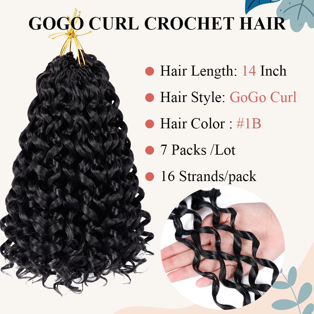 Curly Crochet Hair 14 Inch GoGo Curl Crochet Hair for Women Short Beach Curl Crochet Braids for Women 7 Packs Deep Curly Braiding Hair for Boho Braids (14 Inch, 1B)