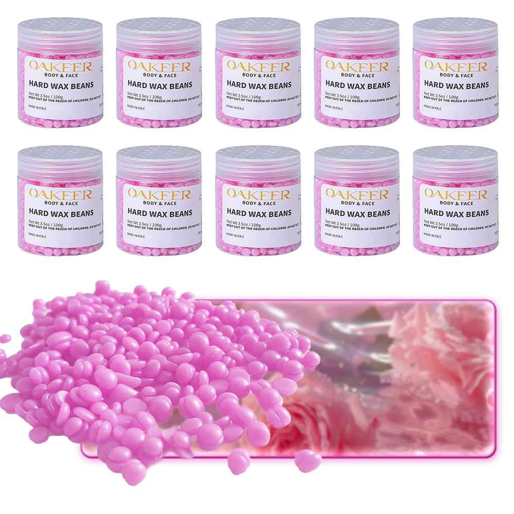 OAKEER Wax Beads 10 Jar (2.2lb) Hair Removal Kit with 20 Wood Sticks, Natural Ingredients for Bikini, Face, Eyebrow, Back, Chest, Legs, Armpit
