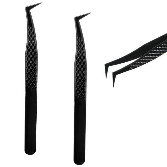 2 Pcs Stainless Steel Eyelashes Tweezer, Lash Tweezers for Eyelash Extensions, 90 Degree Fiber Tip Volume Lash Extension Tweezers for Volume and Classic Lashes