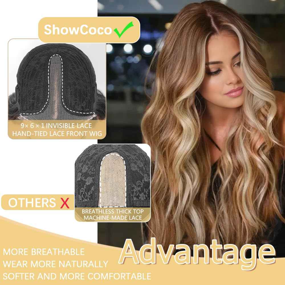 ShowCoco Long Brown to Ombre Blonde Wigs for Women 26 Inch Highlights Blonde Wig Natural Middle Part Synthetic Wavy Hair Heat Resistant Fiber Hair Replacement Wigs for Daily Party 3 Seconds to Wear