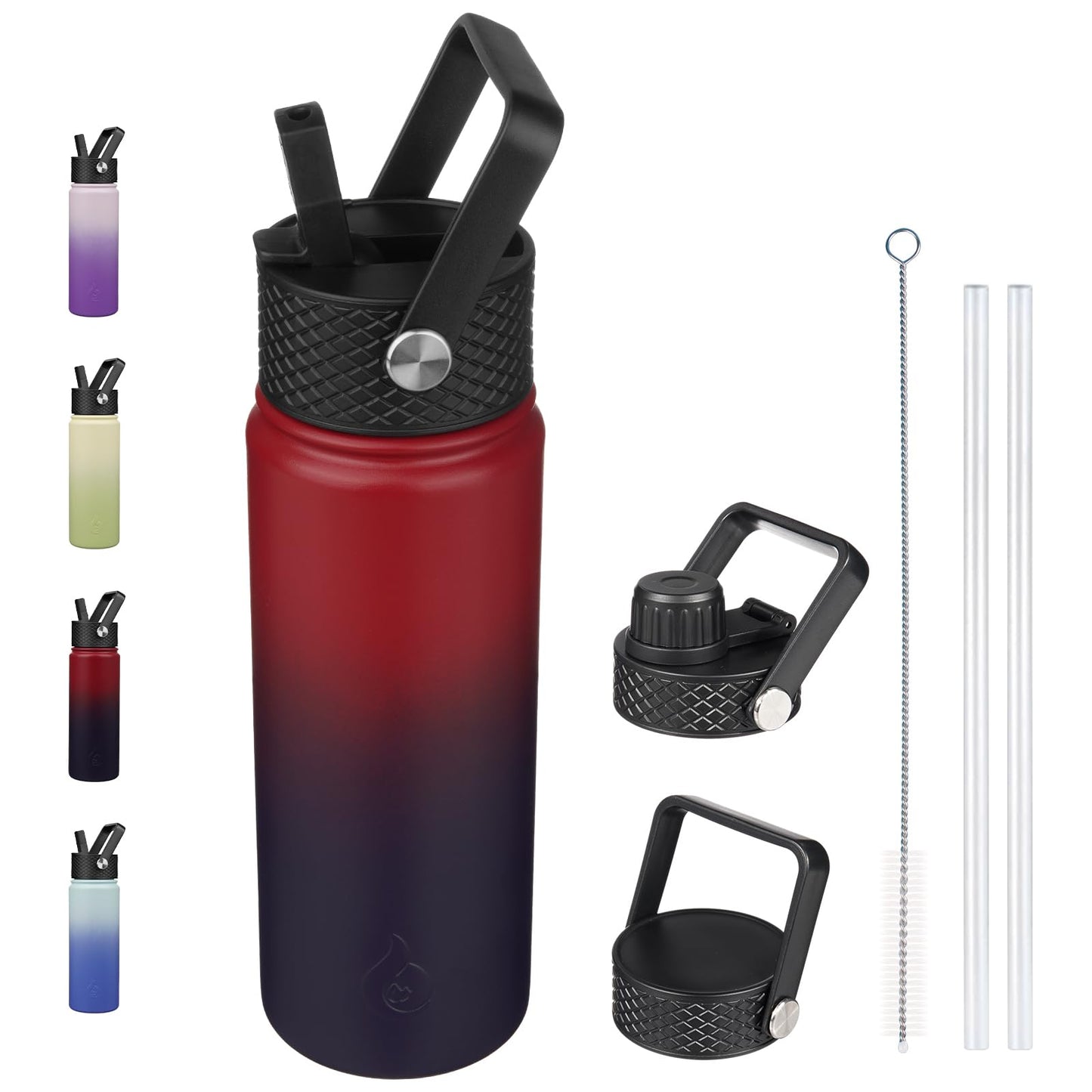 BJPKPK Insulated Water Bottles with Straw Lid, 22oz Cold & Hot Water Bottle, Stainless Steel Metal Water Bottle with 3 Lids, Reusable Thermos, Cups, Mugs for Daily Water Intake-Charming Black Red