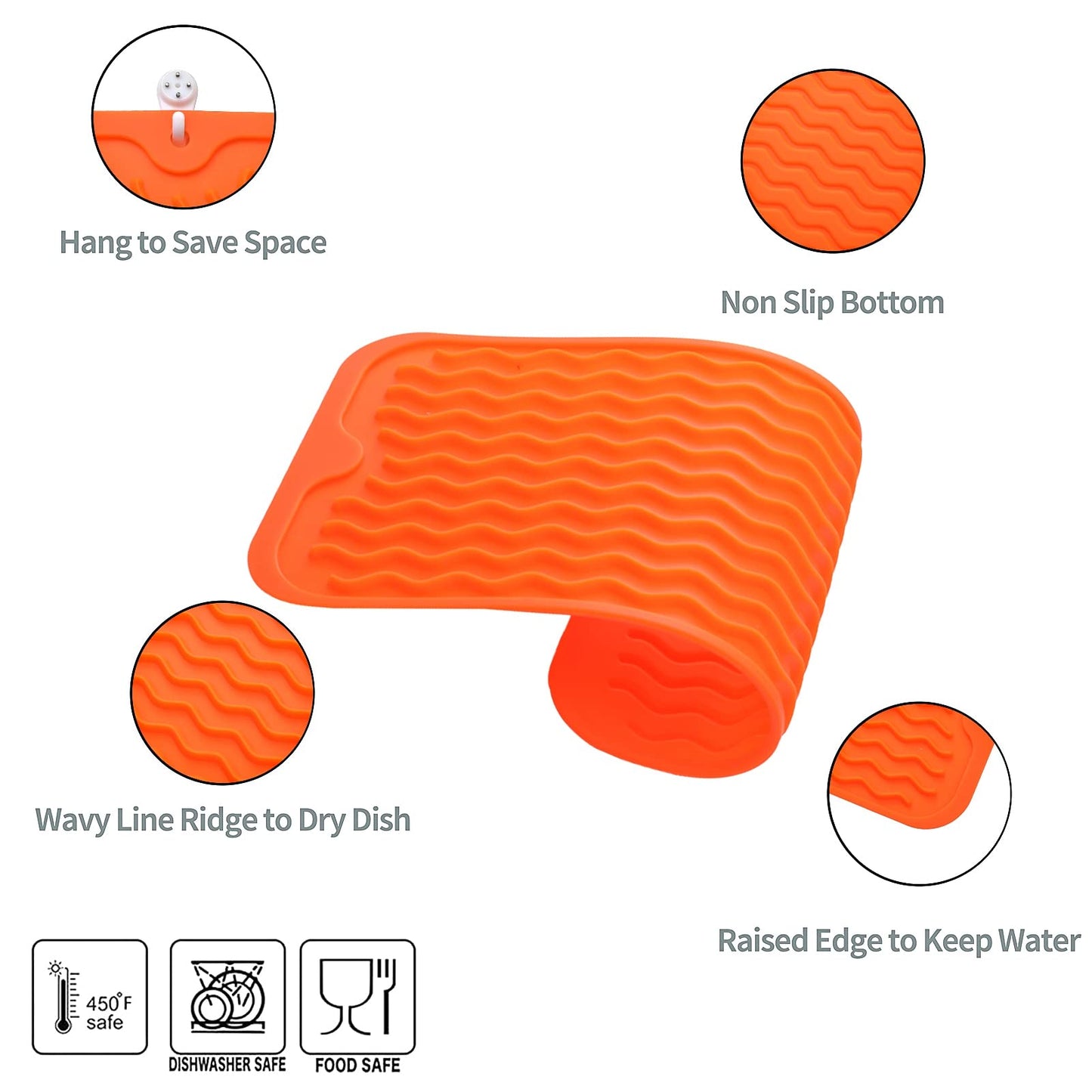 MicoYang Silicone Dish Drying Mat for Multiple Usage,Easy clean,Eco-friendly,Heat-resistant Silicone Mat for Kitchen Counter,Sink,Bar,Bottle,or Cup Orange S 12 inches x 6 inches