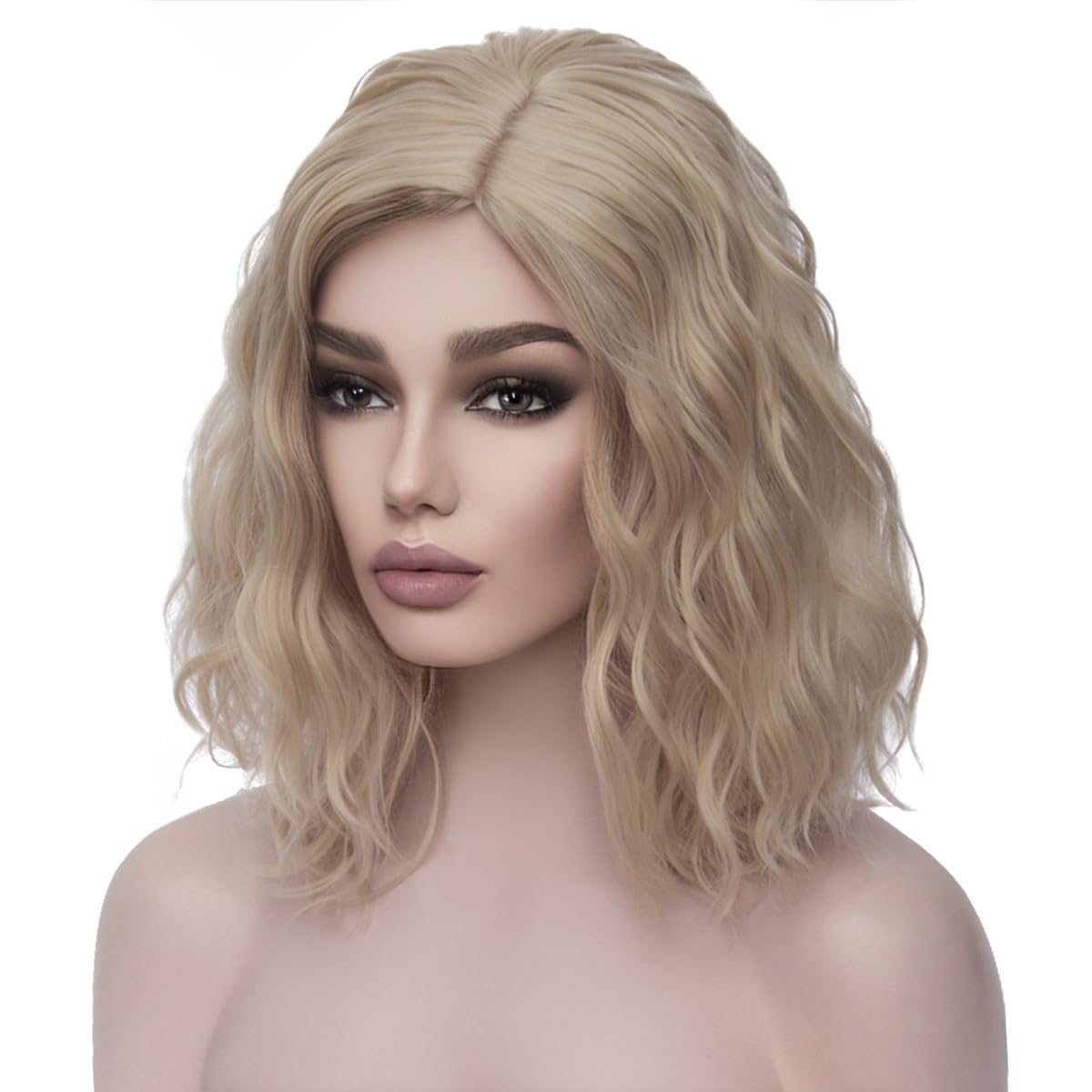 WTHCOS Blonde Wig Short Curly Wavy Bob Wig for Women Girls Blonde Hair Wigs Beach Wave Synthetic Wigs for Cosplay Costume Party Wig Cap Included