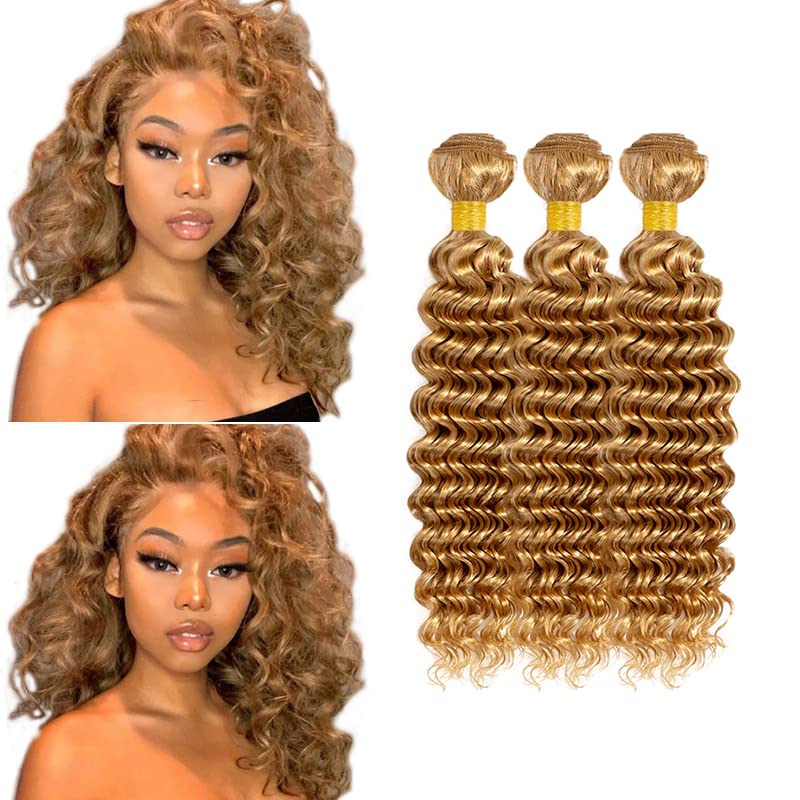Honey Blonde Deep Wave Human Hair Bundles 12 14 16 Inch