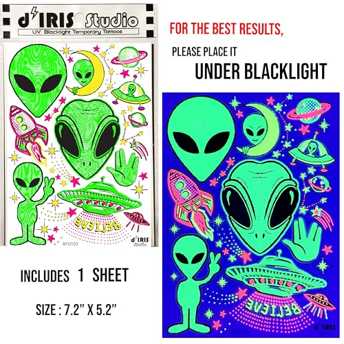 UV Blacklight Reactive Temporary Tattoos – Alien UFO Design Glow in Dark
