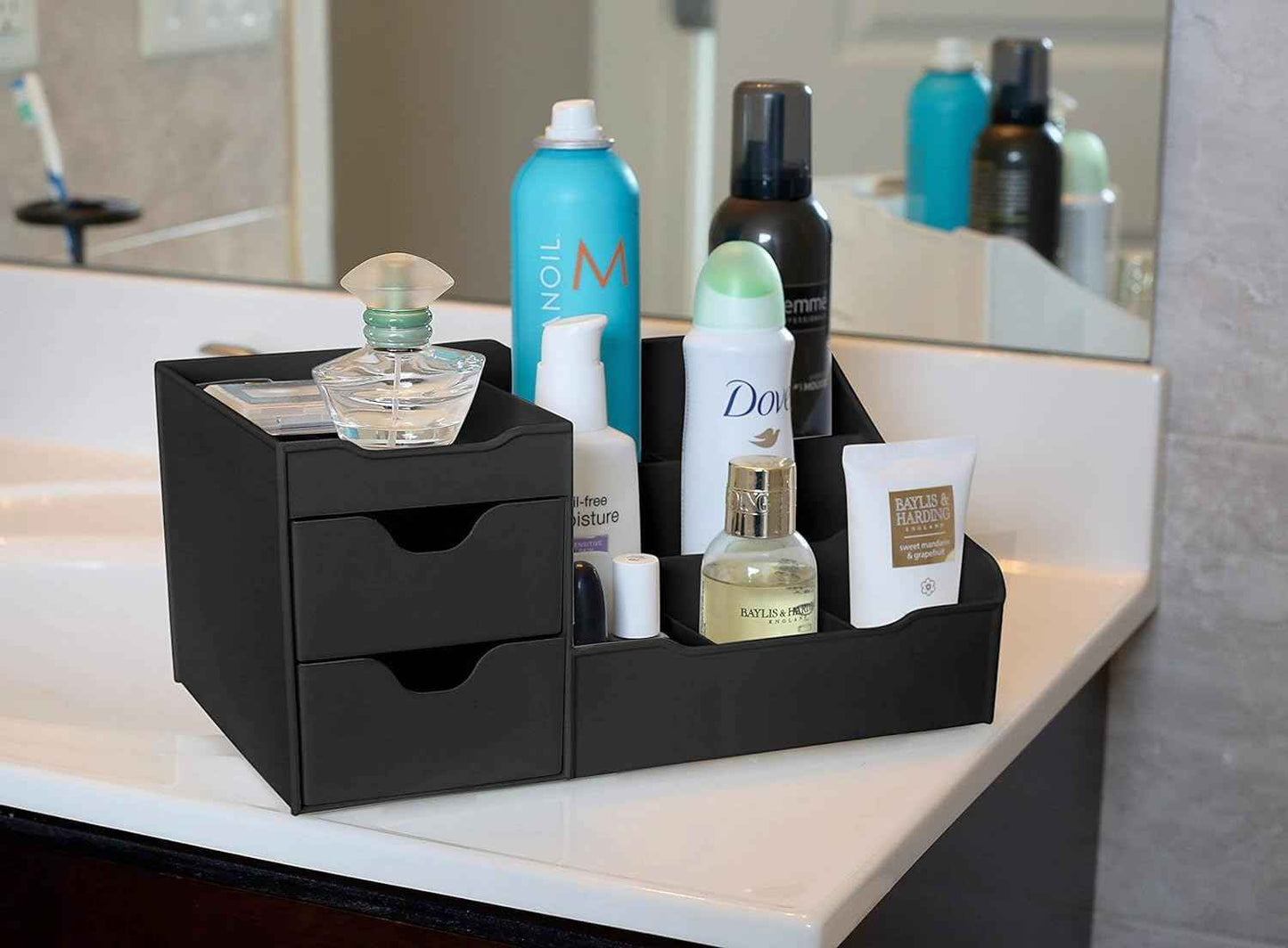 Mantello Modern Minimalist Black Bathroom Organizer - 9 Compartment Countertop Sink Tabletop Caddy for Men Women - Makeup Skincare Toiletries Organizer