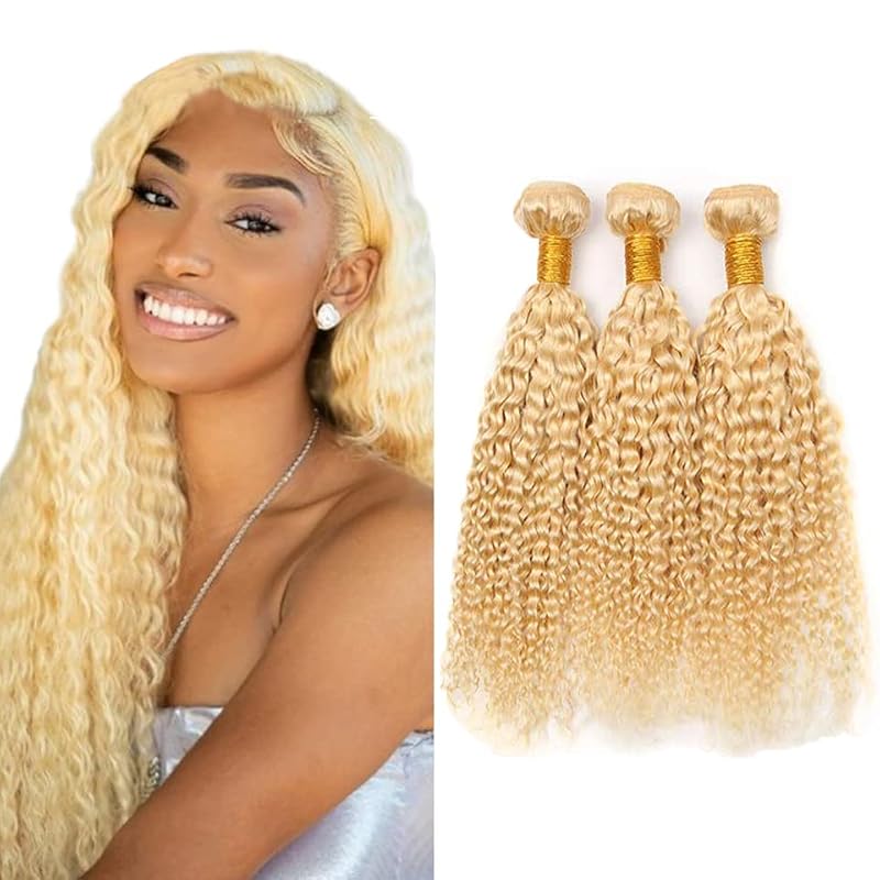 613 Blonde Kinky Curly Human Hair Bundles - 3 Pack, 22-26 Inch