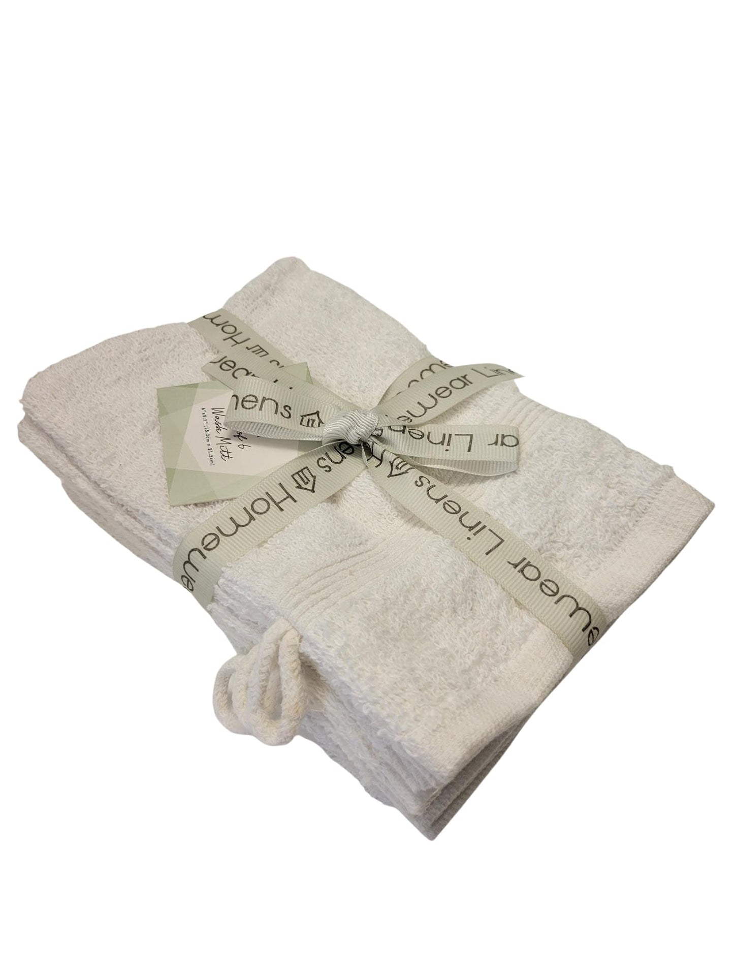 Homewear High Rise Stripe 6 Pack 6 x 8.5 Wash Mitt Set, Low Twist, Highly Absorbent, Gentle Hand and Face Cloth, European Style with Loop, White