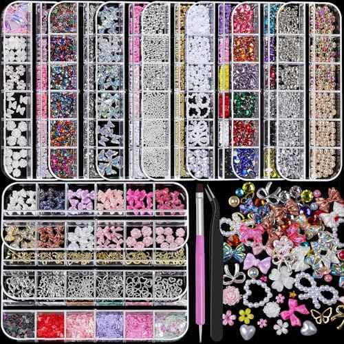 Nail Charms and Gems, Charms for Nails Design Kit with 10 Boxes 3D Nail Charms Colorful Clear Flatback Rhinestones Pearls,Diamonds,Picker Tools,Rhinestone Stickers