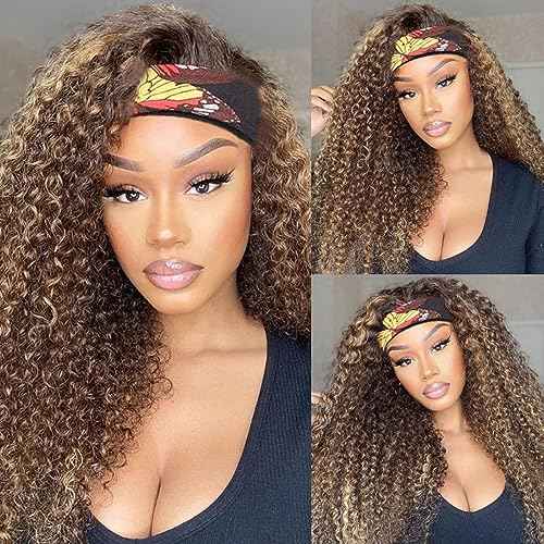 Smoothair Ombre Highlight Headband Wig Human Hair 4/27 Kinky Curly Headband Wig for Black Women 18 Inch None Lace Front Wigs Glueless Wear and Go 150% Density